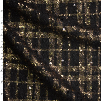 Gold and Black Plaid with Sequins Designer Boucle Suiting Fabric By The Yard