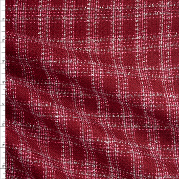 Wine, Pink, and Silver Plaid Poly/Wool Bouclé Fabric By The Yard