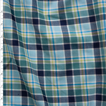 Blue and Lime Plaid Midweight Designer Wool Blend Suiting Fabric By The Yard Blue and Lime Plaid Midweight Designer Wool Blend Suiting Fabric By The Yard
