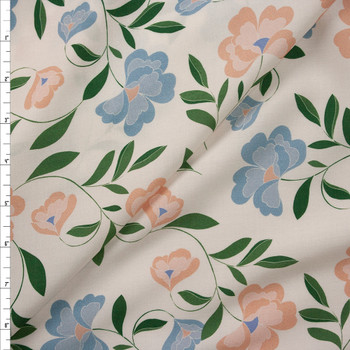 Blush and Light Blue Floral on Ivory Rayon Challis Fabric By The Yard