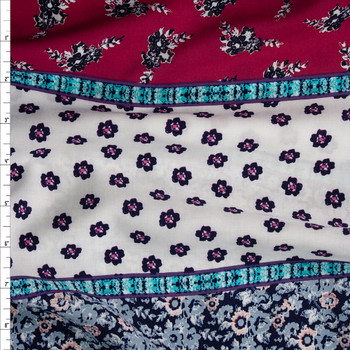 Pink, Navy, and Aqua Horizontal Bohemian Stripe Rayon Challis Fabric By The Yard