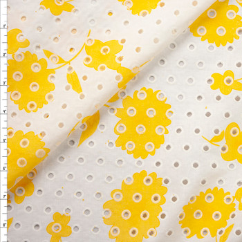 Yellow on White Floral on White Dot Cotton Eyelet Fabric By The Yard