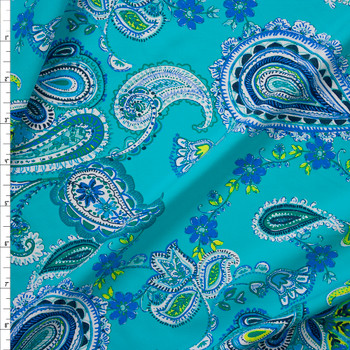 Blue and Yellow Paisleys on Aqua Designer Nylon/Spandex Print Fabric By The Yard