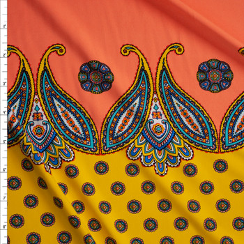 Orange and Yellow Horizontal Paisley Stripe Designer Nylon/Spandex Print Fabric By The Yard