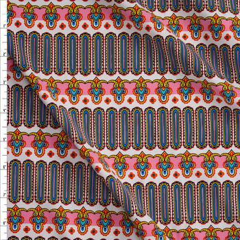 Bright Pink, Blue, and White Ornate Horizontal Stripe Designer Nylon/Spandex Print Fabric By The Yard