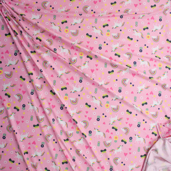 Unicorns, Rainbows, and Butterflies on Pink Double Brushed Poly/Spandex Fabric By The Yard - Wide shot