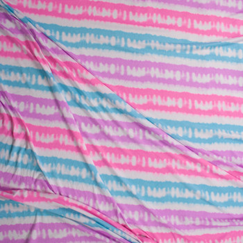 Pink, Blue, and Purple Tie Dye Stripe on White Double Brushed Poly/Spandex Fabric By The Yard - Wide shot