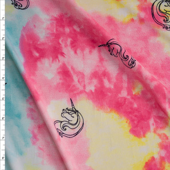 Unicorn Outline on Orange, Yellow, and Mint Tie Dye Double Brushed Poly/Spandex Fabric By The Yard