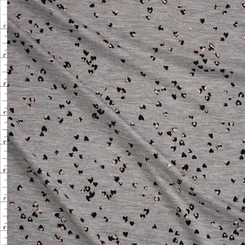 Black and Metallic Copper Hearts on Heather Grey Rayon Jersey Knit Fabric By The Yard