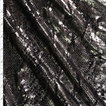 Metallic Gunmetal Snakeskin on Black Poly/Spandex Knit Fabric By The Yard