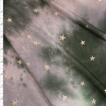 Copper Stars on Olive, Blush, and Light Grey Tie Dye Rayon French Terry Fabric By The Yard