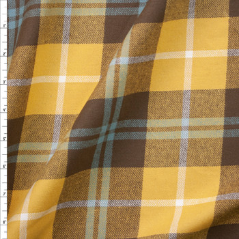Brown, Yellow, Light Blue, and Offwhite Plaid Midweight Flannel Fabric By The Yard