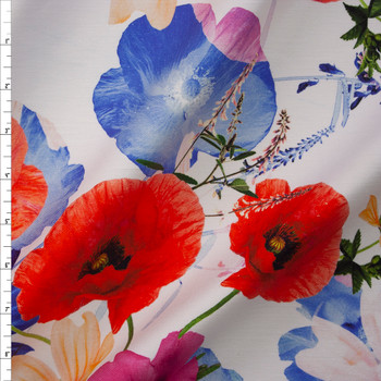 Red, Blue, Peach, and Hot Pink Colorful Floral Designer Stretch Twill from ‘7 for All Mankind’ Fabric By The Yard