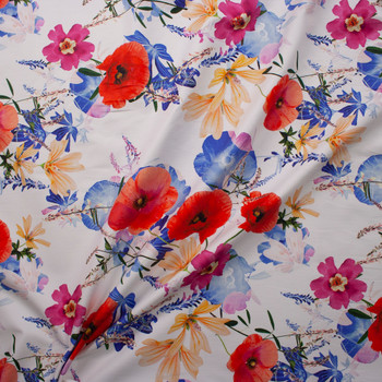 Red, Blue, Peach, and Hot Pink Colorful Floral Designer Stretch Twill from ‘7 for All Mankind’ Fabric By The Yard - Wide shot