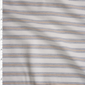 Tan, Navy, and Offwhite Horizontal Stripe Stretch Midweight Rayon Poplin Fabric By The Yard