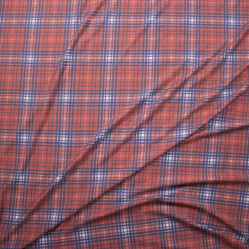 Orange, Blue, and White Plaid Poly/Rayon French Terry Fabric By The Yard - Wide shot