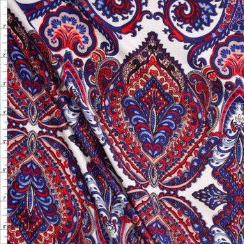 Red, Blue, Light Blue, Peach, and White Scrolling Ornamental Fabric By The Yard