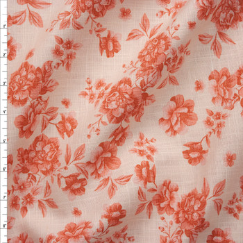 Peach Antique Floral on Ivory Cotton/Linen Blend Fabric By The Yard