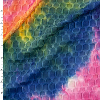 Hot Pink, Blue, and Yellow Tie Dye Stretch Honeycomb Lycra Fabric By The Yard