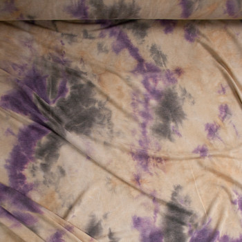 Purple, Tan, and Charcoal Tie Dye French Terry Fabric By The Yard - Wide shot