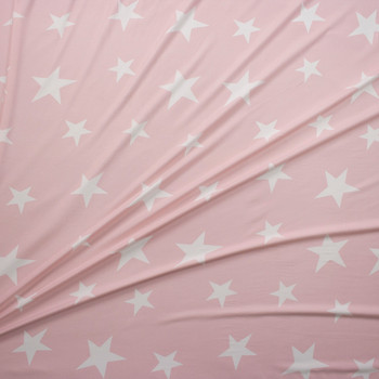 White Stars on Light Pink Stretch Double Brushed Poly/Spandex Knit Fabric By The Yard - Wide shot