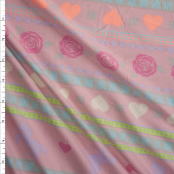 Horizontal Flowers and Hearts Boho Stripe Stretch Double Brushed Poly/Spandex Knit Fabric By The Yard