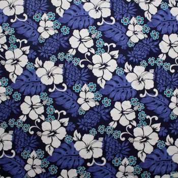 Turquoise, White, and Navy Hibiscus Island Floral Cotton Poplin Fabric By The Yard - Wide shot