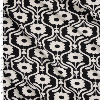 Black and Offwhite Retro Daisy Print Double Brushed Poly/Spandex Knit Fabric By The Yard