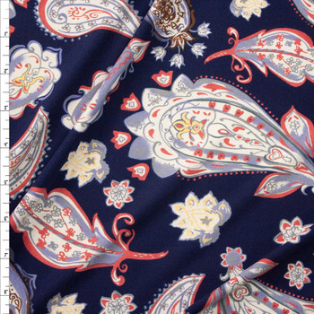 Red, Slate, and Offwhite Paisleys on Navy Double Brushed Poly/Spandex Knit Fabric By The Yard