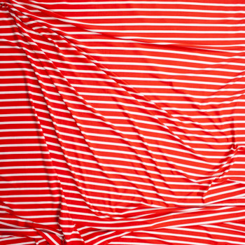 White and Red Pencil Stripe Double Brushed Poly/Spandex Knit Fabric By The Yard - Wide shot