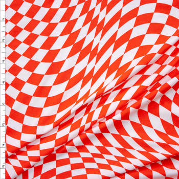 Bright Red and White Warped Checkers Double Brushed Poly/Spandex Knit Fabric By The Yard