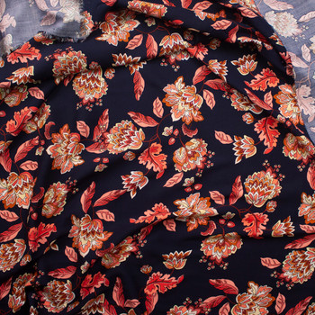 Bright Coral, Pink, Yellow, and White Ornate Floral on Navy Blue Rayon Challis Fabric By The Yard - Wide shot