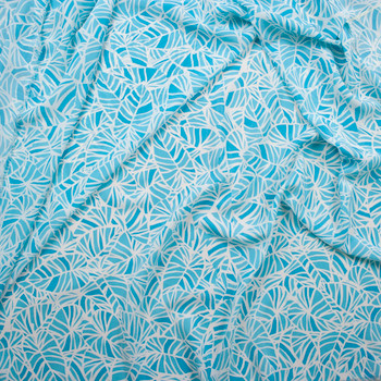 Turquoise and White Leaf Print Crepe De Chine Fabric By The Yard - Wide shot