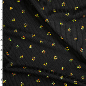 Orange and Yellow Micro Floral on Black Mini Rib Sweater Knit Fabric By The Yard
