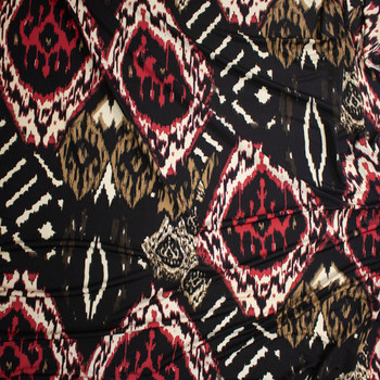 Red, Black, and Tan Tribal Print Designer Silk Jersey Knit Fabric By The Yard - Wide shot