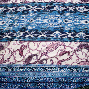 Blue, Plum, and Green Vertical Paisley Stripe Italian Designer Rayon Jersey Fabric By The Yard - Wide shot
