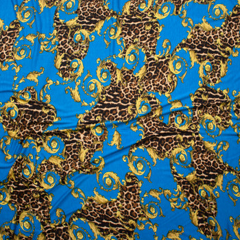 Cheetah Print and Gold Scrollwork on Turquoise Stretch Rayon Jersey Fabric By The Yard - Wide shot