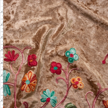 Multi Color Flowers and Vines on Tan Embroidered Border Stretch Velour Fabric By The Yard