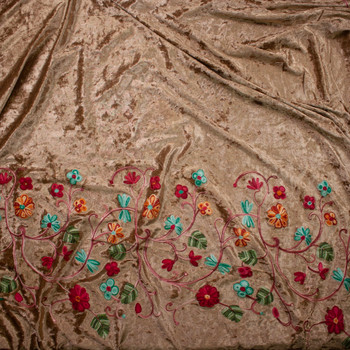 Multi Color Flowers and Vines on Tan Embroidered Border Stretch Velour Fabric By The Yard - Wide shot