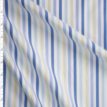 Vertical Yellow and Blue Stripes on White Fine Cotton Shirting Fabric By The Yard