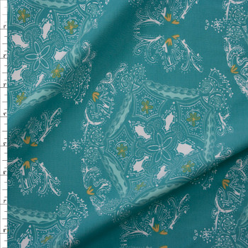 Aqua and Yellow Paisley Print Nylon/Spandex Fabric By The Yard