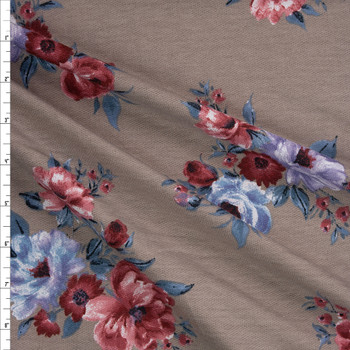 Pink and Blue Floral Clusters on Tan Triblend French Terry Fabric By The Yard