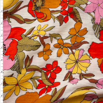 Pink, Yellow, Red, Green, and Brown Retro Floral on Ivory Designer Double Gauze Fabric By The Yard