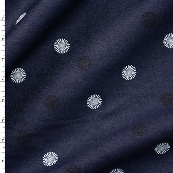 Black and White Burst Dots on Indigo Designer Midweight Chambray Fabric By The Yard