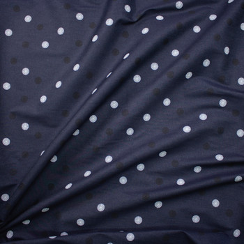 Black and White Burst Dots on Indigo Designer Midweight Chambray Fabric By The Yard - Wide shot