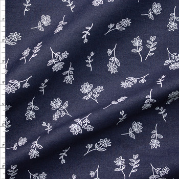 White Outline Floral on Indigo Designer Midweight Chambray Fabric By The Yard