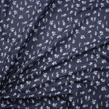 White Outline Floral on Indigo Designer Midweight Chambray Fabric By The Yard - Wide shot