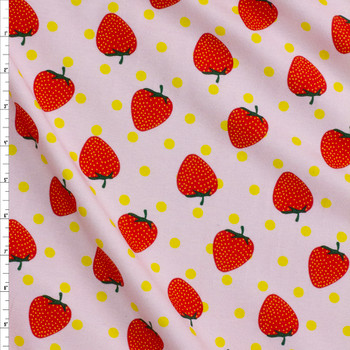 Strawberries on Yellow Blush Polka Dot Designer Stretch Rayon Jersey Fabric By The Yard