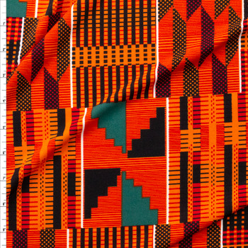 Orange, Black, and Green African Print Stretch Designer ITY Knit Fabric By The Yard