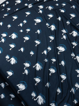 Swans on Navy Spun Poly Jersey Knit Fabric By The Yard - Wide shot
